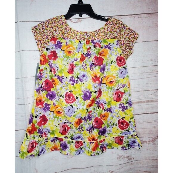 Harve Benard Small Cotton Floral Flare Hem Multicolored Elegant Top - Picture 6 of 10
